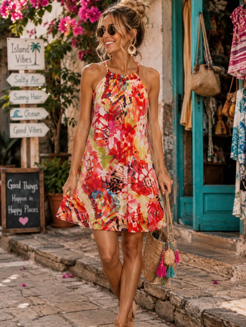 B. Darlin Floral Beaded Halter Mini Dress Tropical Resort Size 3/4